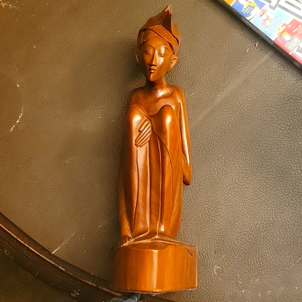 Handcraved Wood Bali Man Figurine,9 1/4in.Hx2 3/4in.W,Dark Cherry Stain pic.